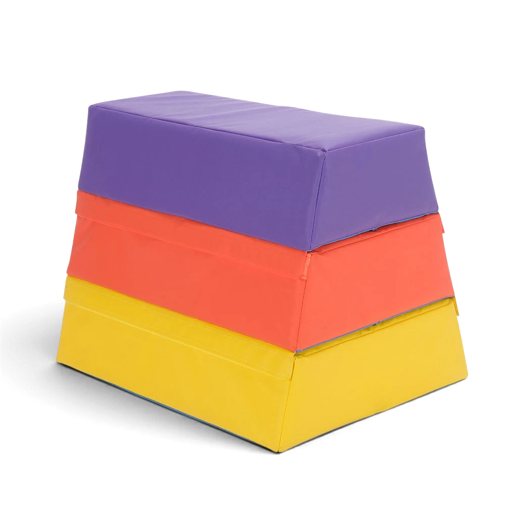 UK Gym Pits 3-tiered foam vault box for children's gymnastics, featuring purple, orange, and yellow soft PVC blocks.