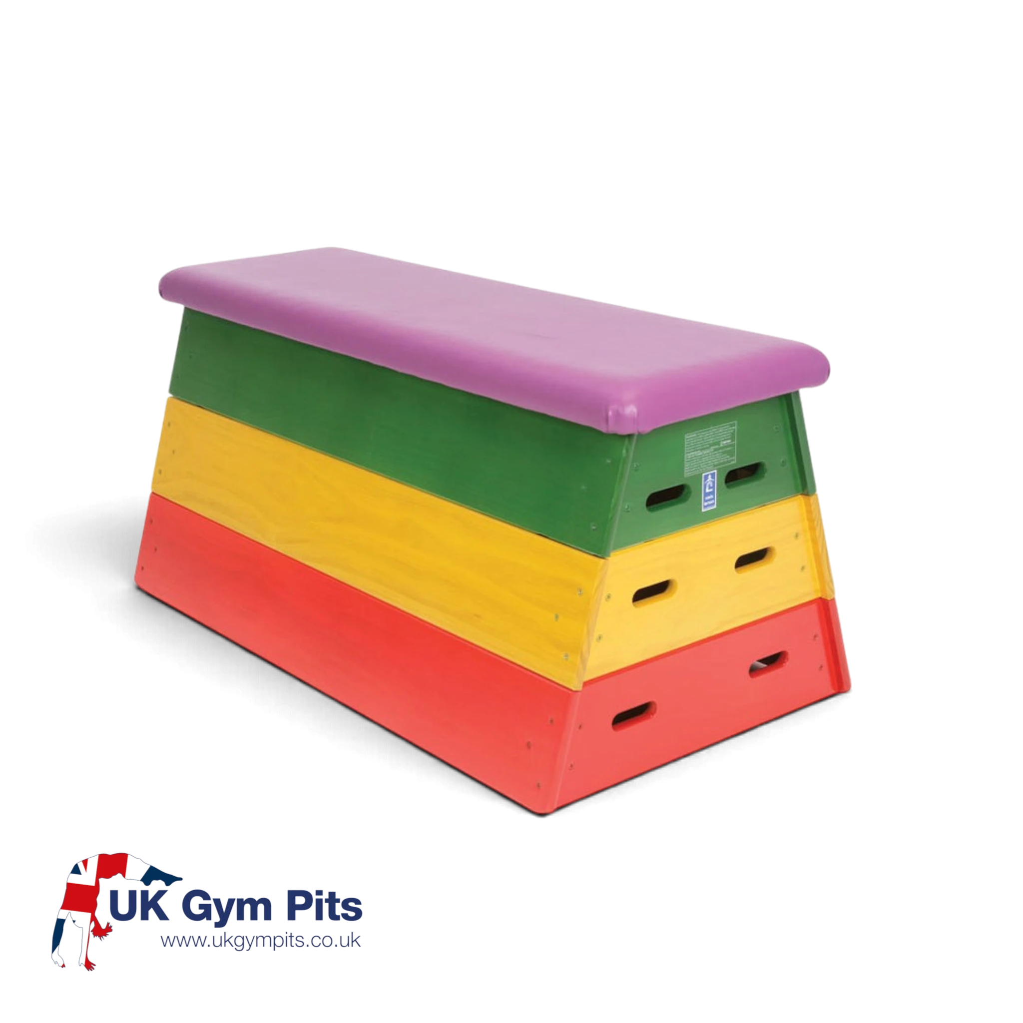 UK Gym Pits 3 tiered timber vault box with red, yellow, and green sections and a purple padded PVC top for gymnastics