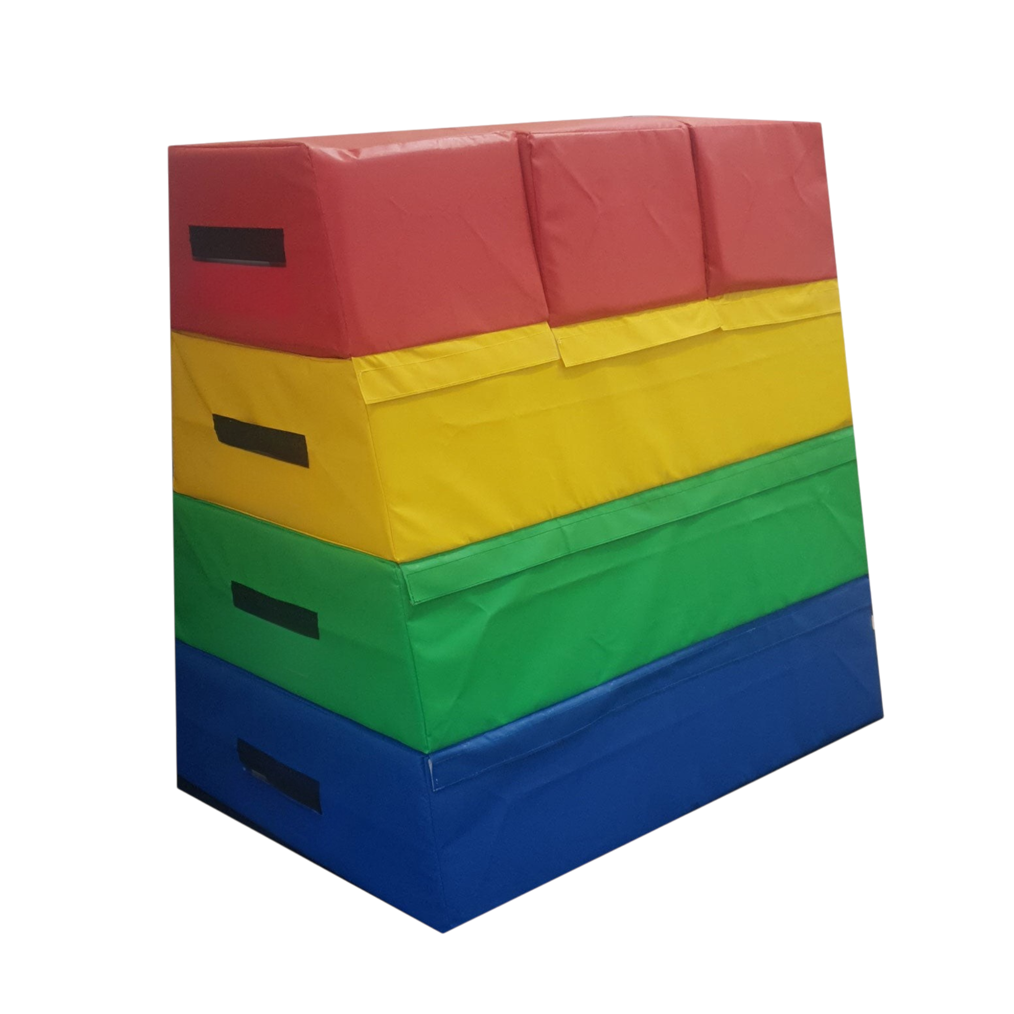 UK Gym Pits 4-tiered foam vault box with multi-coloured PVC sections and a triple-section top for gymnastics training.