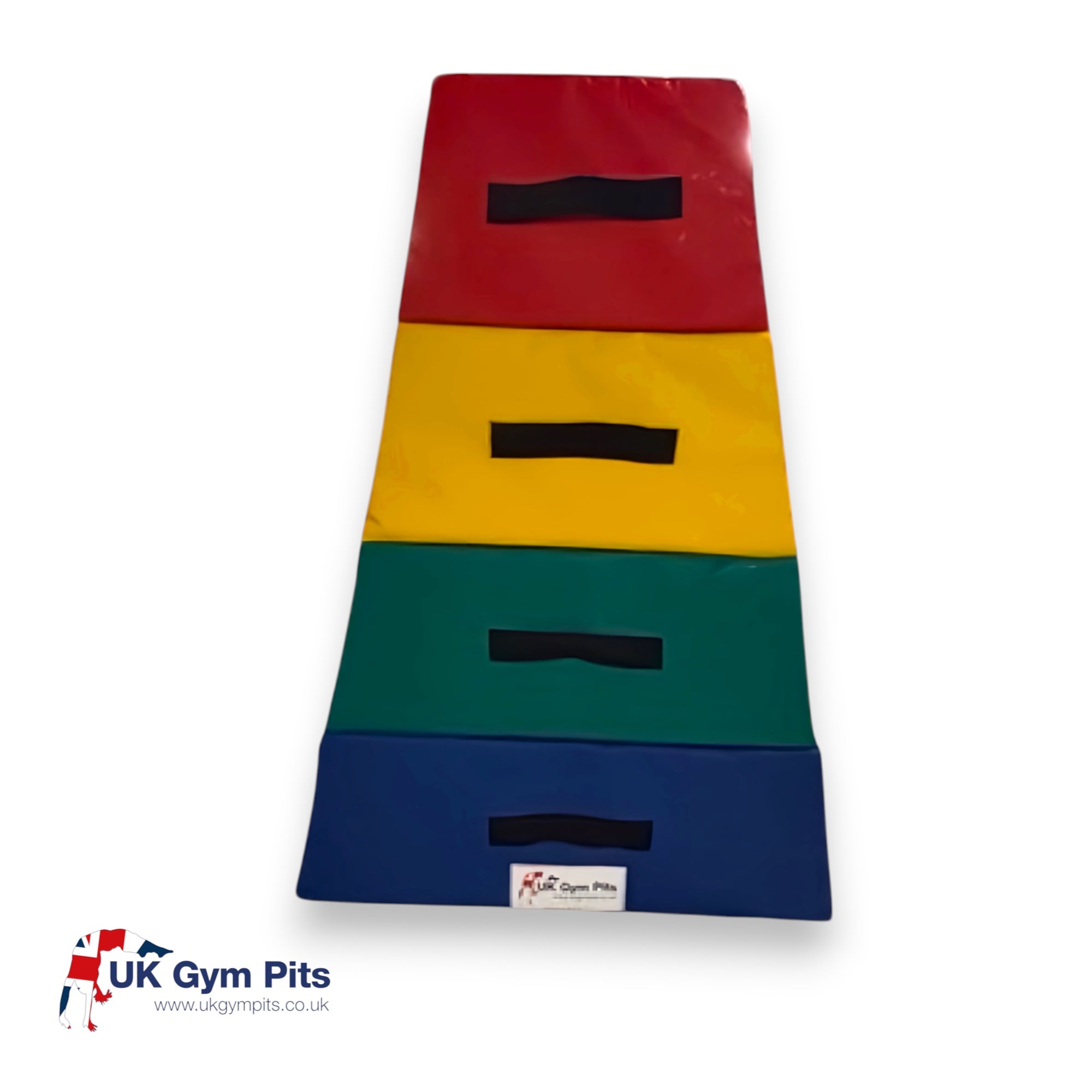 UK Gym Pits 4 tiered foam vault box for gymnastics training with multi-coloured sections and carry handles.