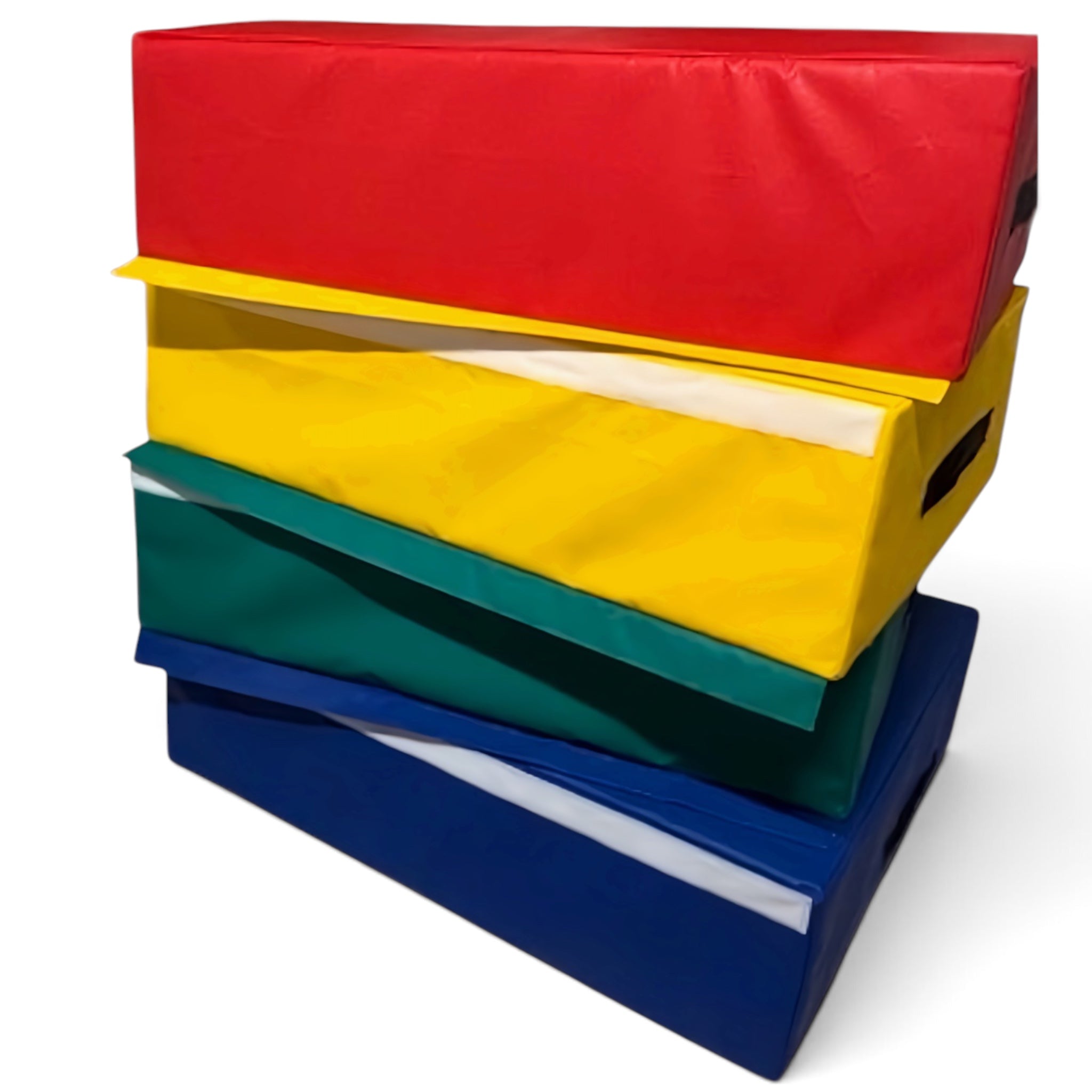 UK Gym Pits 4-tiered foam vault box for gymnastics, featuring stackable multi-coloured PVC sections with carry handles.