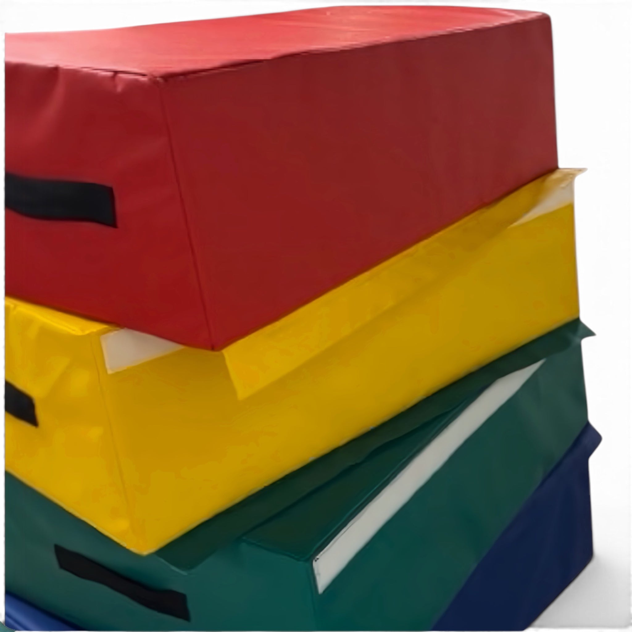 UK Gym Pits 4 tiered foam vault box for gymnastics with multi-coloured PVC sections and black carrying handles