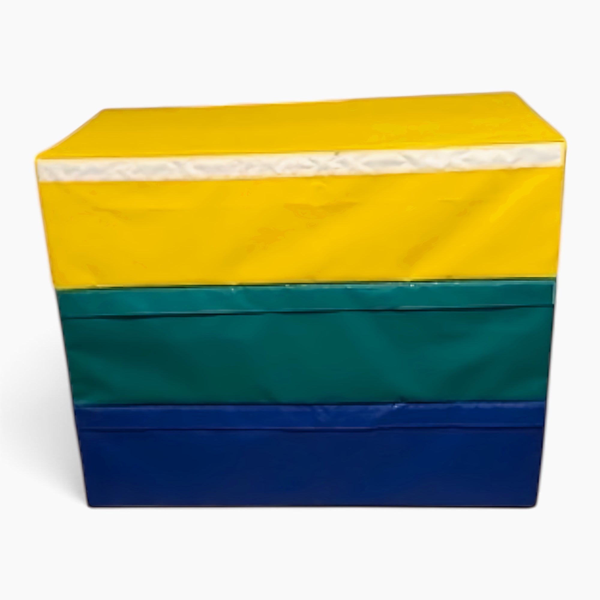 UK Gym Pits 4 tiered foam vault box with yellow, green, and blue PVC sections for gymnastics and soft play training.