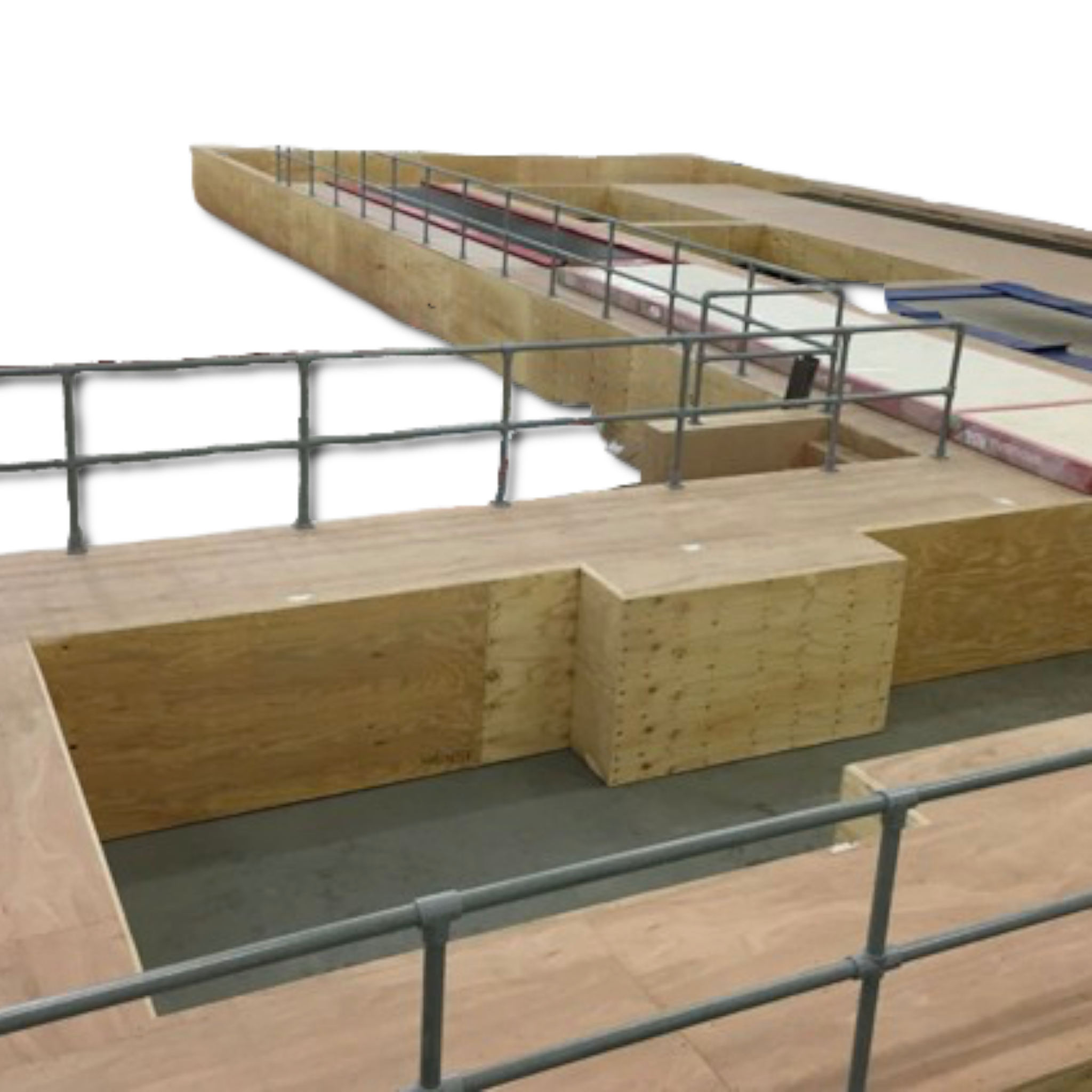 UK Gym Pits 4 way middle corner connector for GRP handrail systems on a wooden gym pit podium