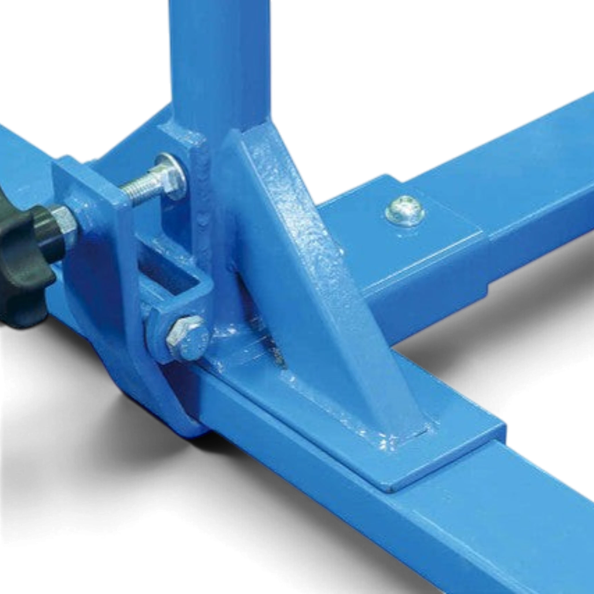 Close-up of the blue powder-coated steel frame and adjustable locking mechanism on the UK Gym Pits 5 in 1 bar system.