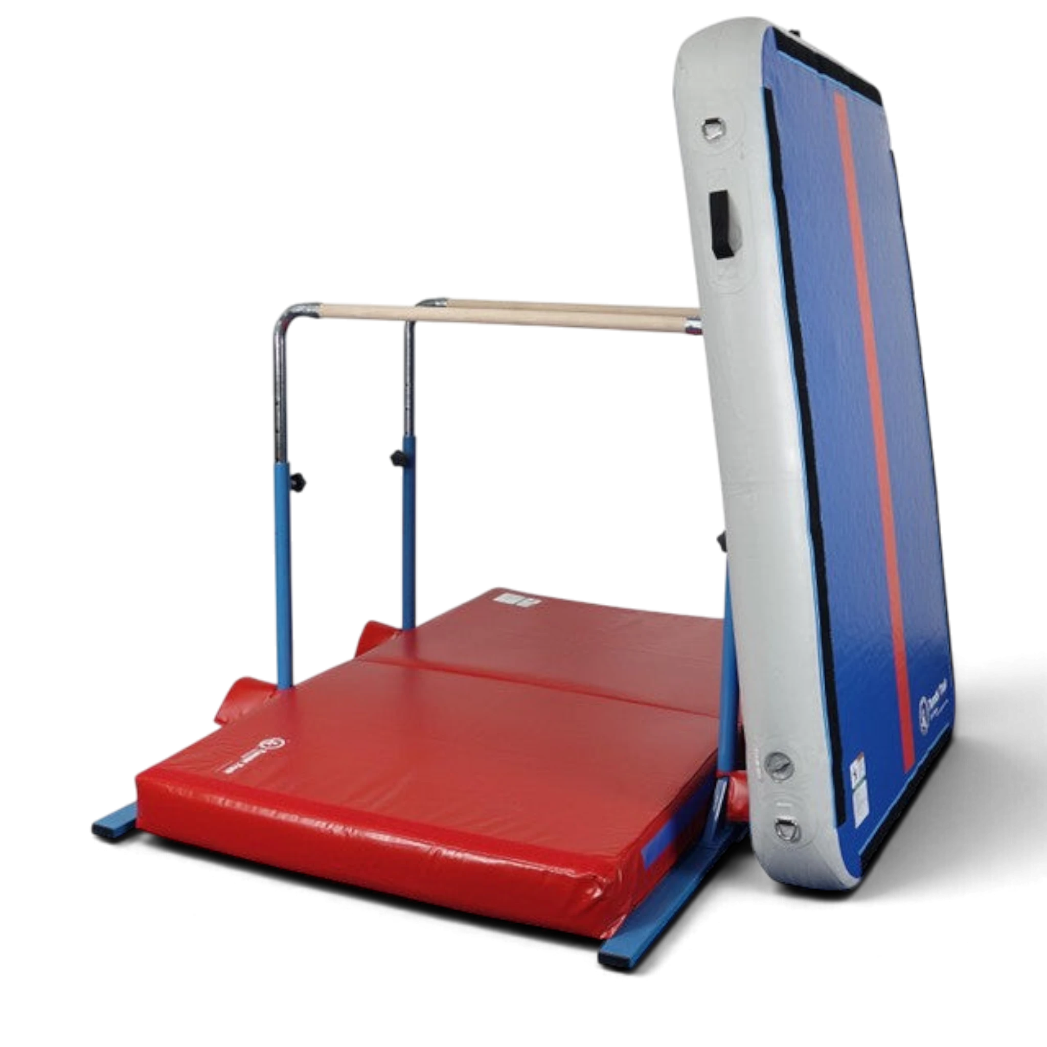 UK Gym Pits 5 in 1 bar system with adjustable steel frame, maple wood bars, and a thick red and blue practice mat.