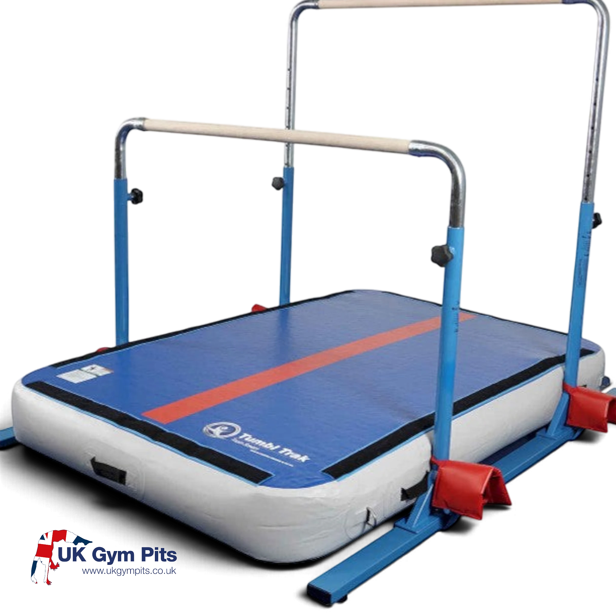 UK Gym Pits 5 in 1 bar system with blue air-inflated power launch mat for gymnastics training