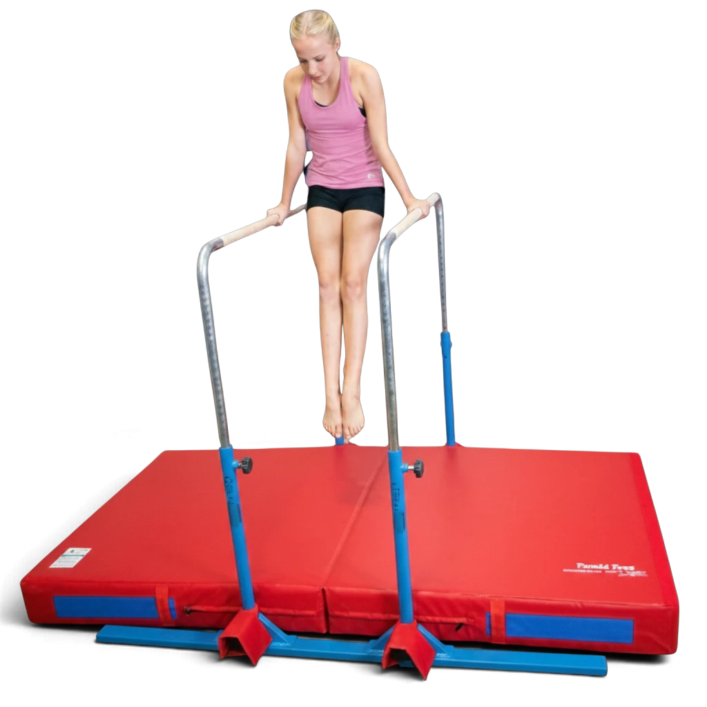 UK Gym Pits 5 in 1 bar system with a red practice mat, featuring a gymnast performing parallel bar exercises.
