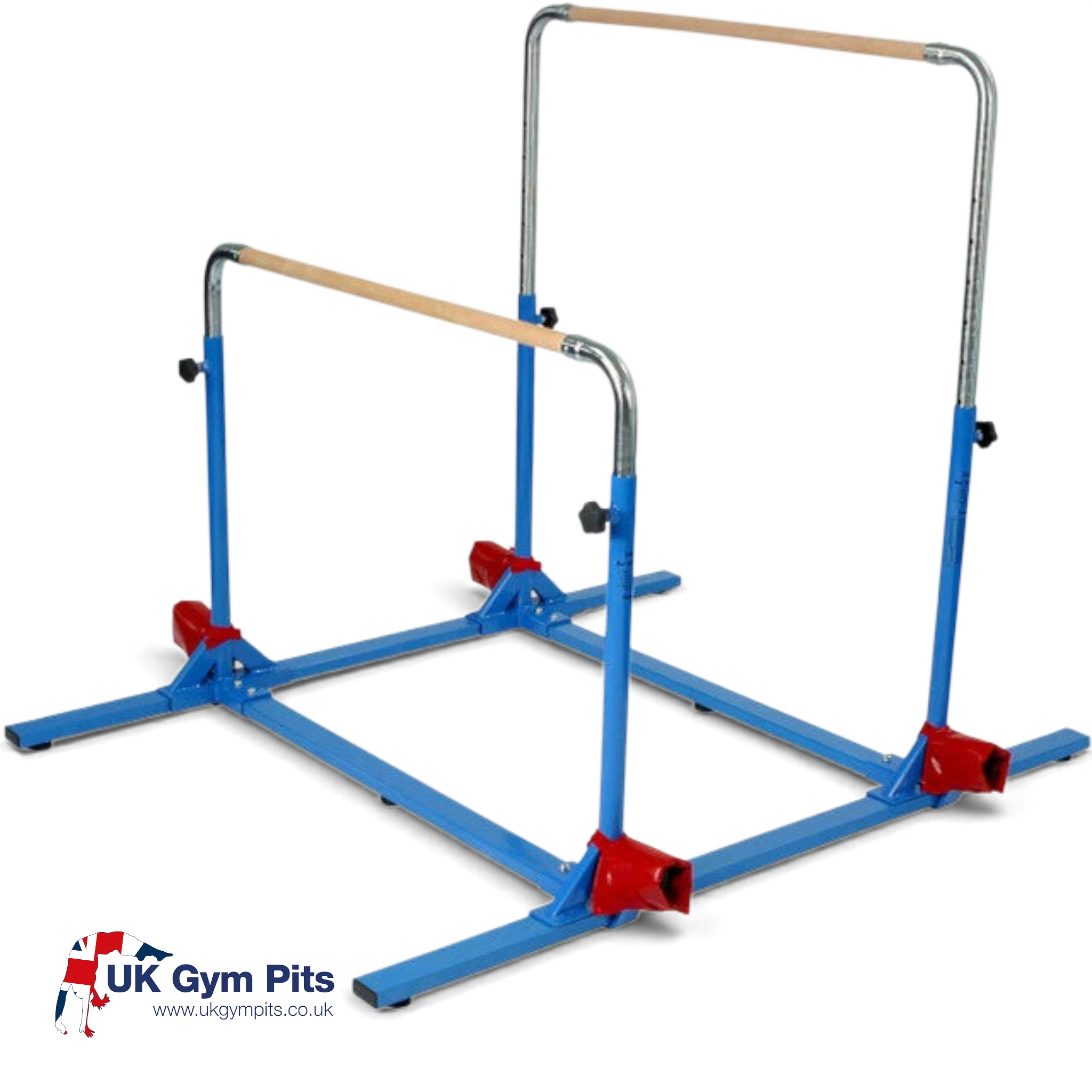 UK Gym Pits 5 in 1 bar system with blue steel frame and adjustable solid maple wood bars for gymnastics training