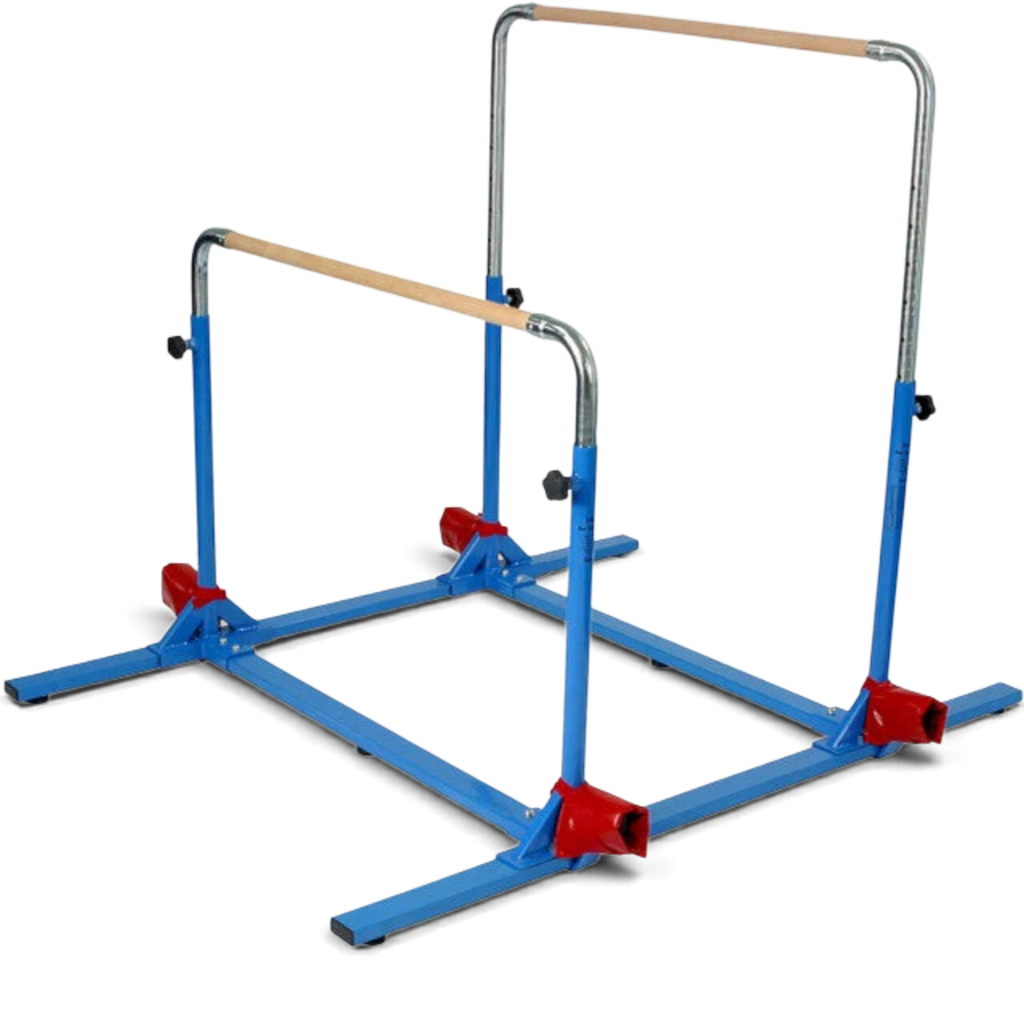 UK Gym Pits 5 in 1 bar system with blue steel frame, red adjustment knobs, and solid maple wood training bars.