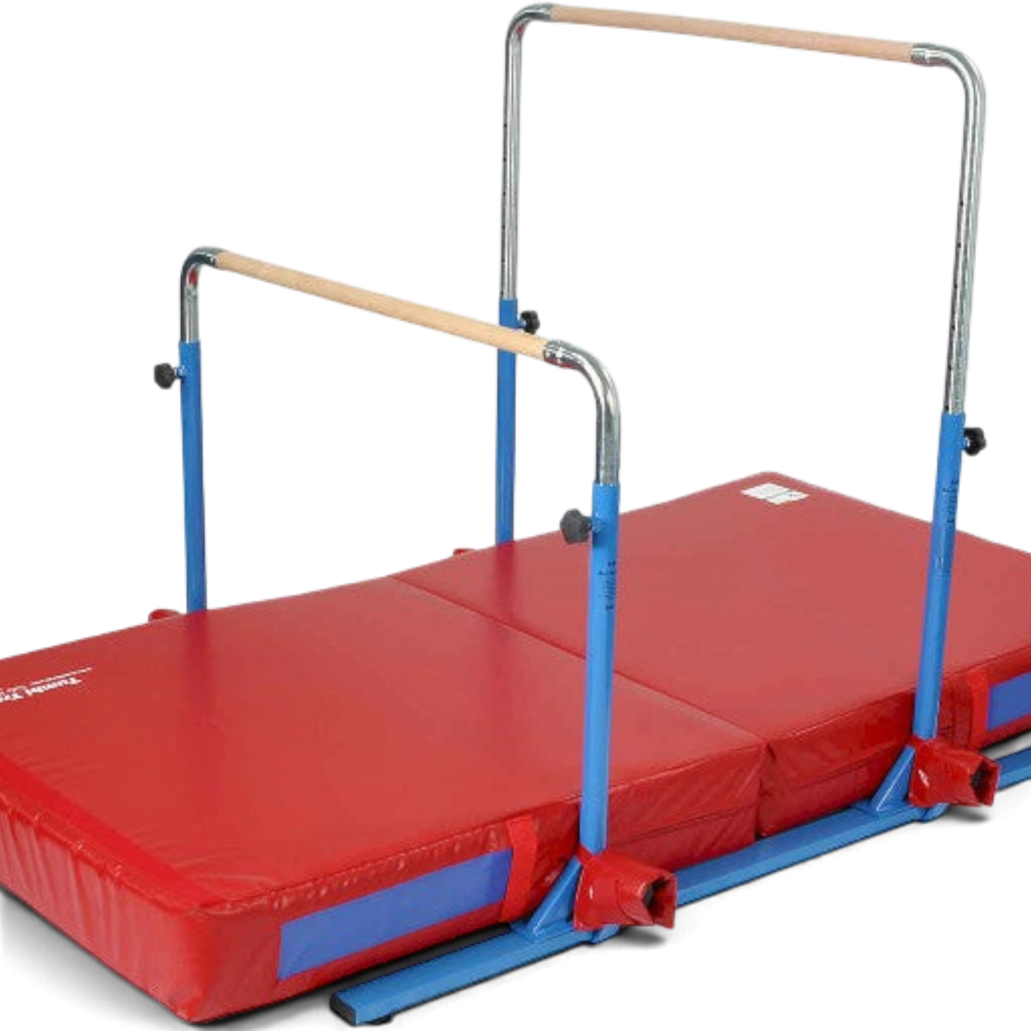 UK Gym Pits 5 in 1 bar system with adjustable steel frame, maple wood bars, and a thick red practice crash mat.