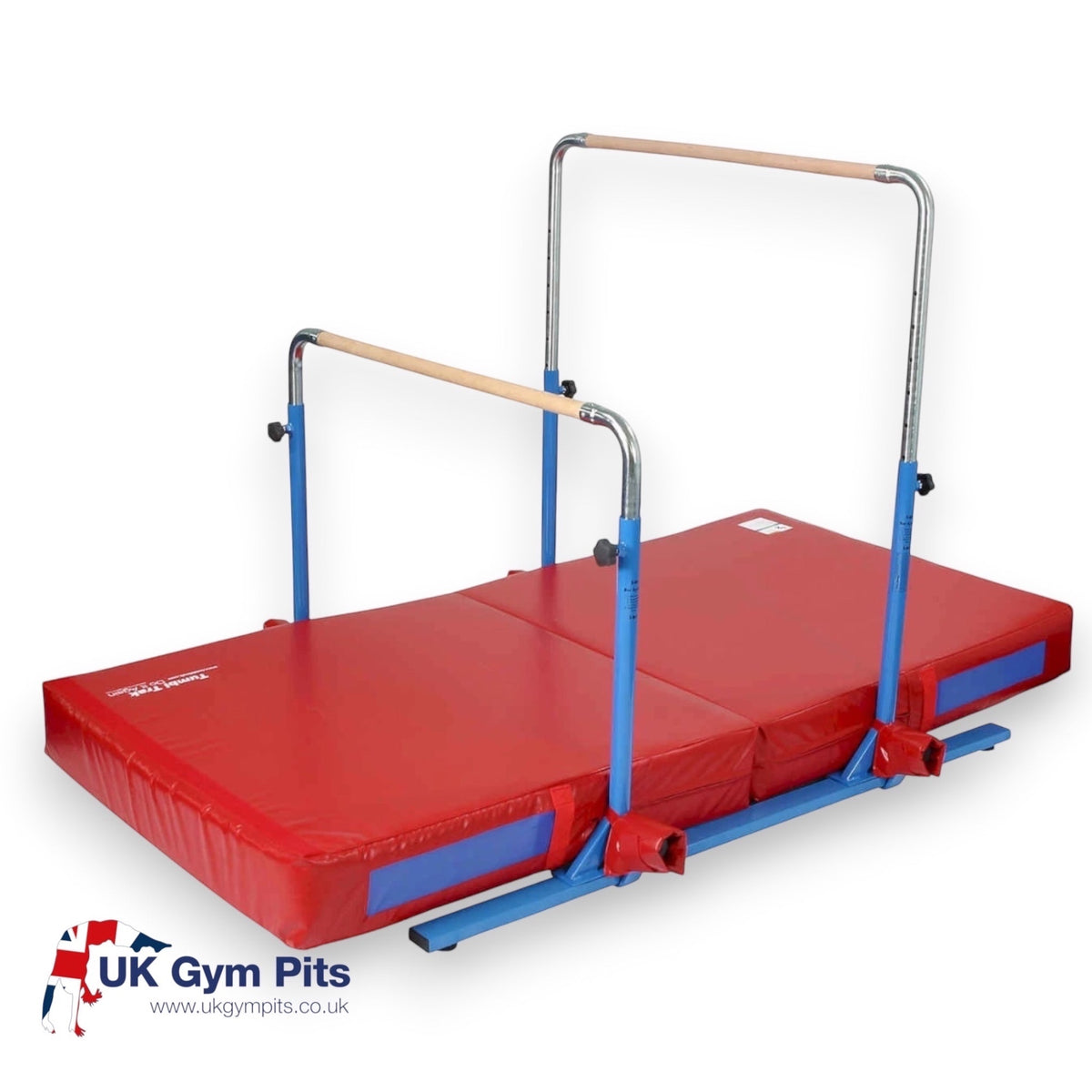 UK Gym Pits 5 in 1 bar system with two adjustable wooden bars and a thick red and blue practice crash mat