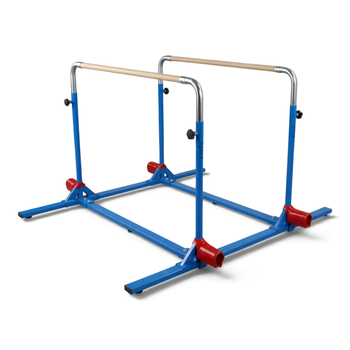 UK Gym Pits 5 in 1 training bar system with blue powder coated steel frame and solid maple wood bars for gymnastics