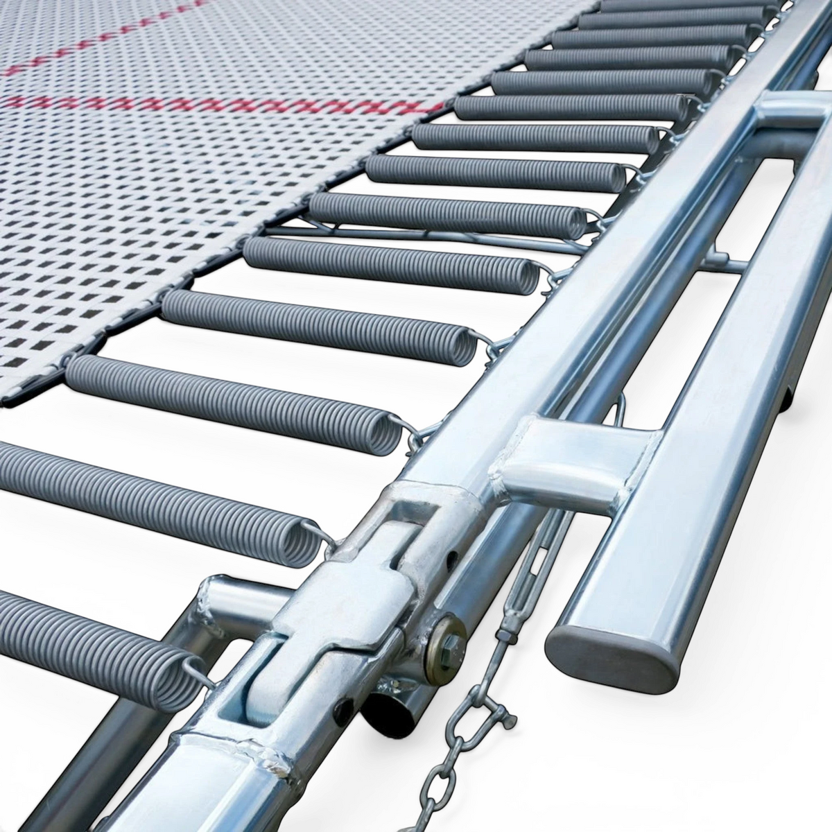 UK Gym Pits 77a standard trampoline showing the 13mm web bed, high tensile steel springs, and sturdy metal frame.