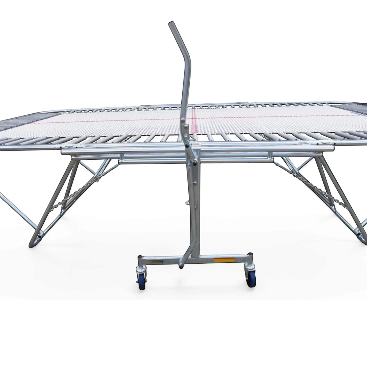 UK Gym Pits 77a standard trampoline with 13mm web bed, steel frame, and lift/lower roller stands on a black background
