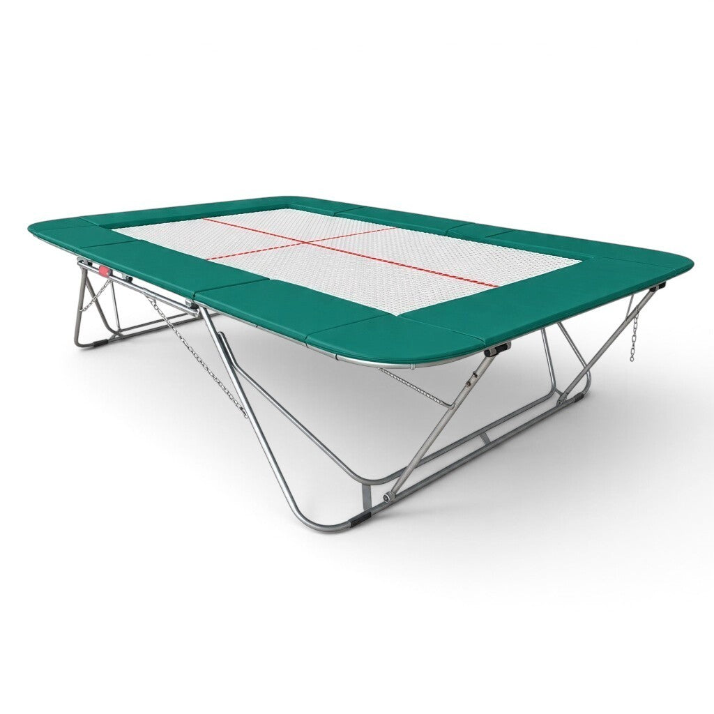 UK Gym Pits 77a standard trampoline with a 13mm web bed and green protective frame pads for gymnastics training