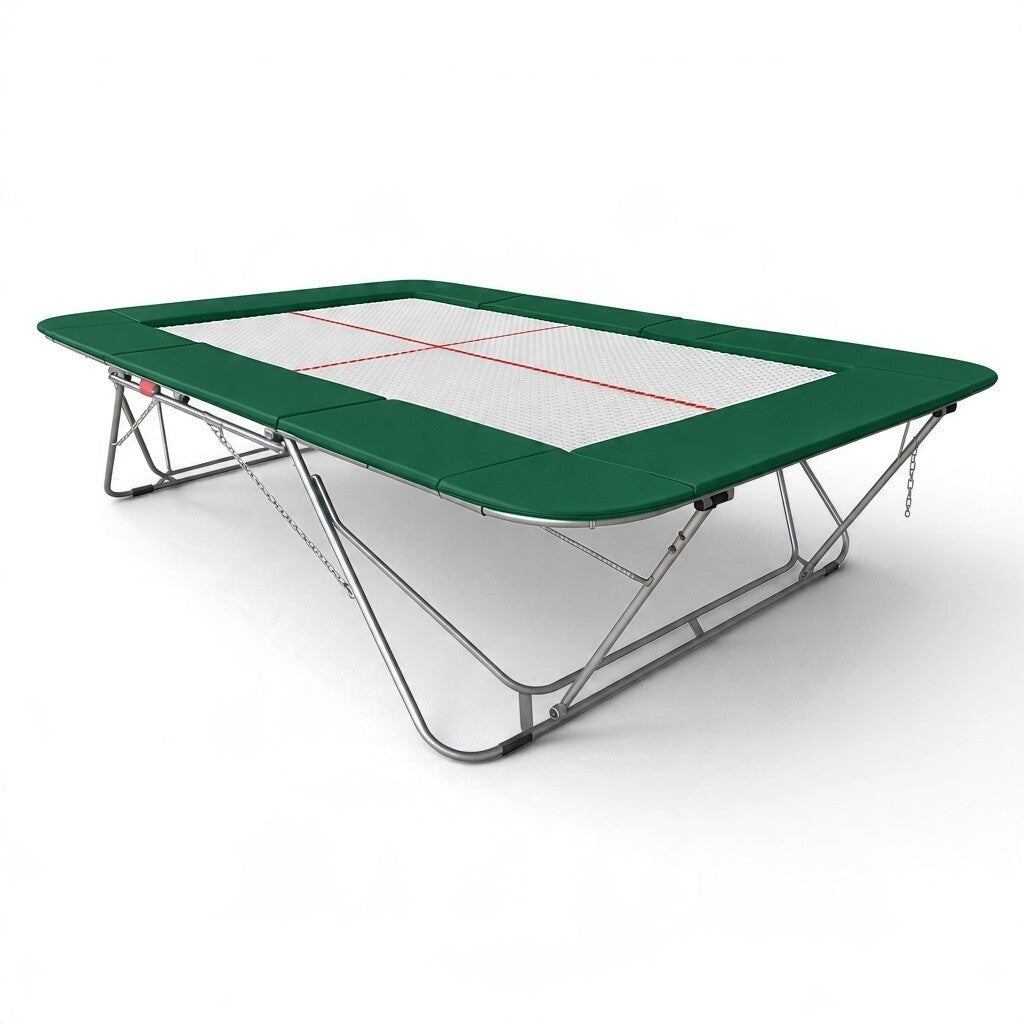 UK Gym Pits 77a standard competition trampoline with a 13mm white web bed and green protective frame pads.