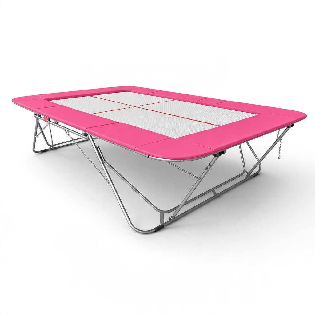 UK Gym Pits 77a standard competition trampoline with a white 13mm web bed and vibrant pink protective frame pads.