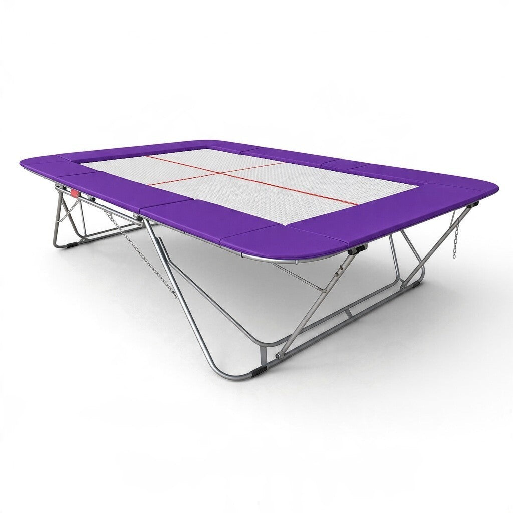 UK Gym Pits 77a standard competition trampoline with a 13mm web bed and purple protective frame pads