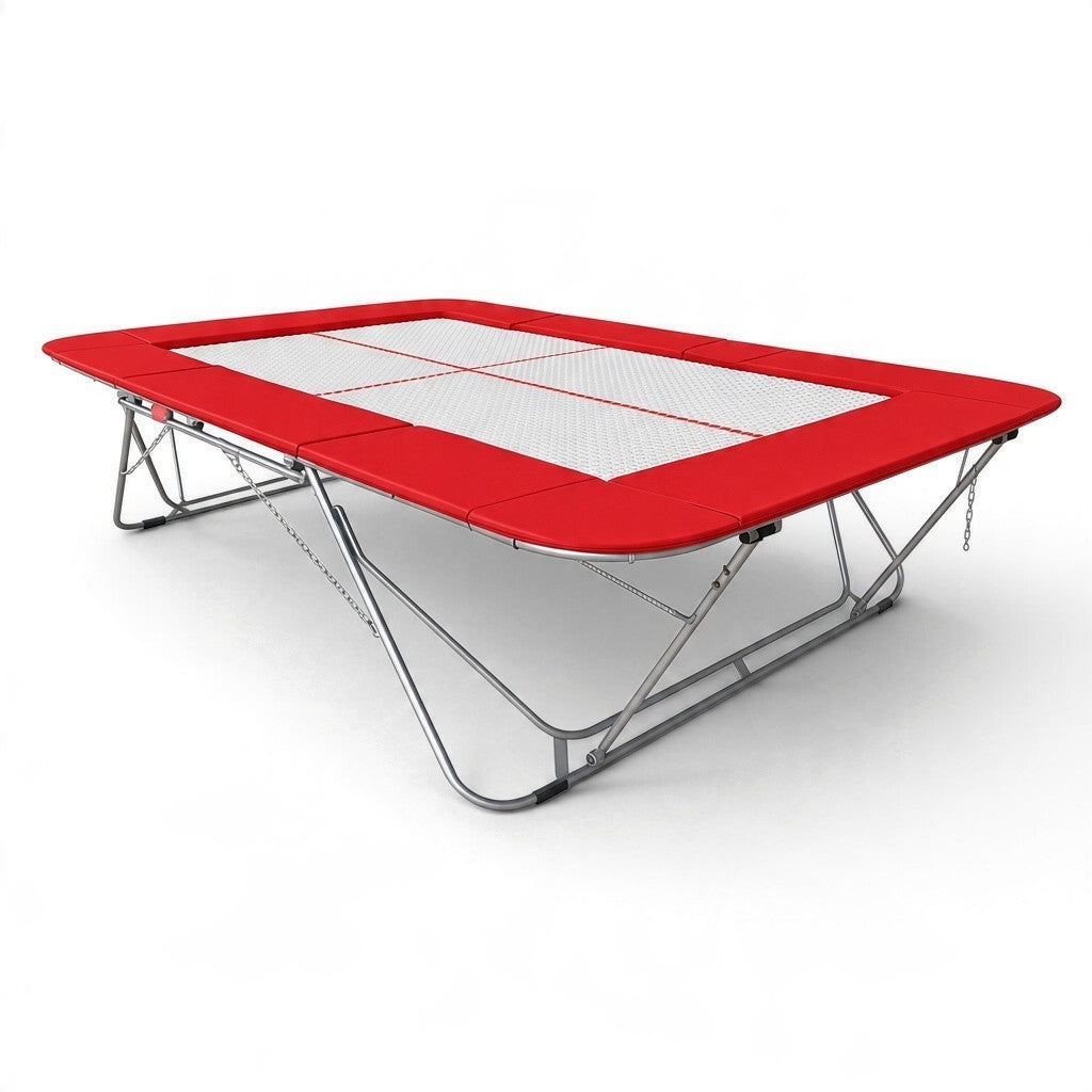 UK Gym Pits 77a standard trampoline with a white 13mm web bed and red protective frame pads on a steel frame
