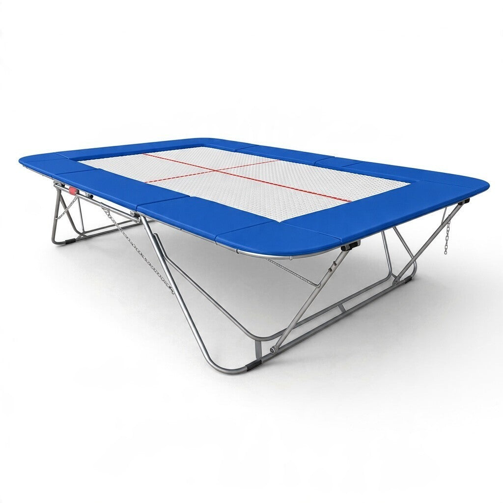 UK Gym Pits 77a standard competition trampoline with a white 13mm web bed and blue protective frame pads.