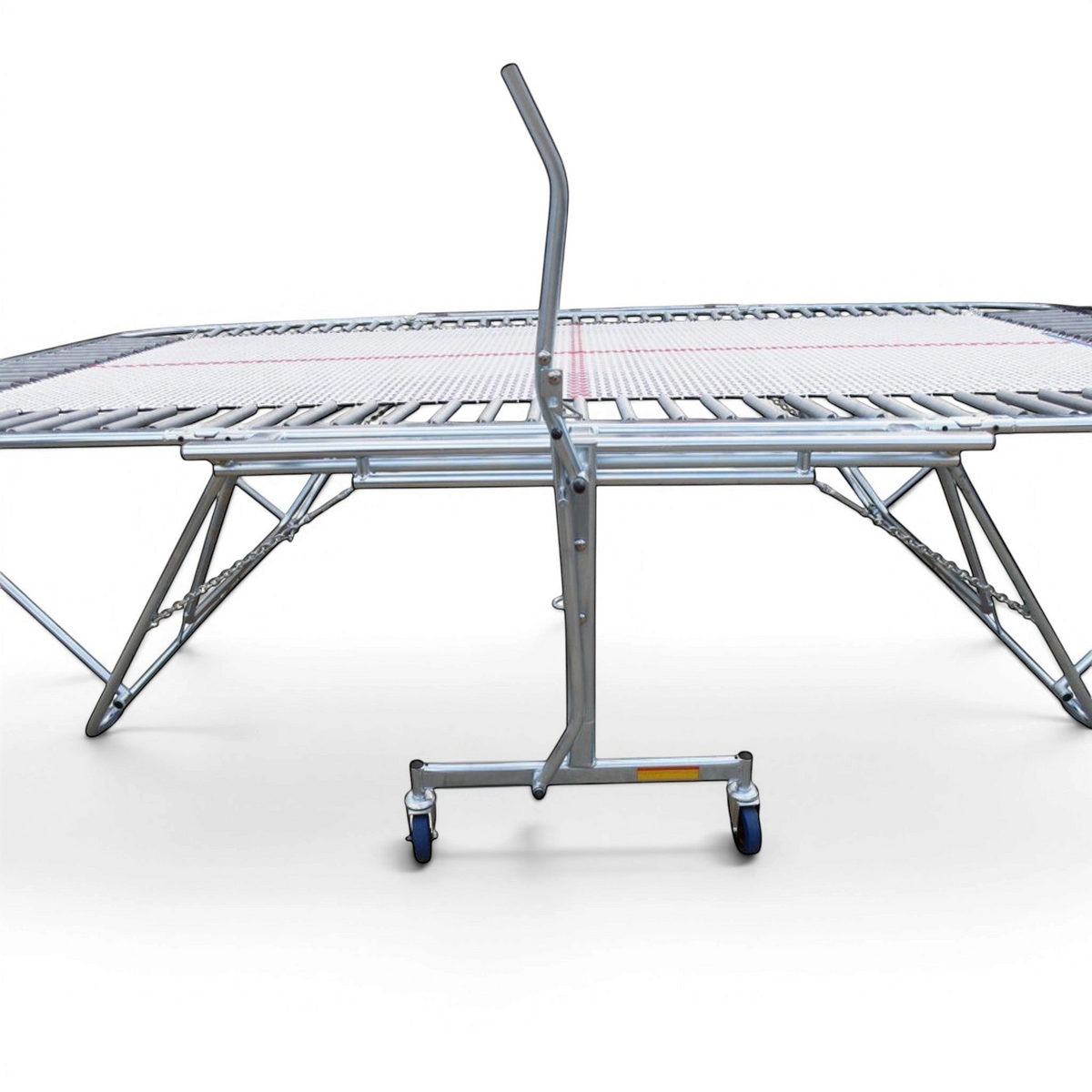 UK Gym Pits 77a standard competition trampoline with 25mm web bed and lift-lower roller stand on a white background