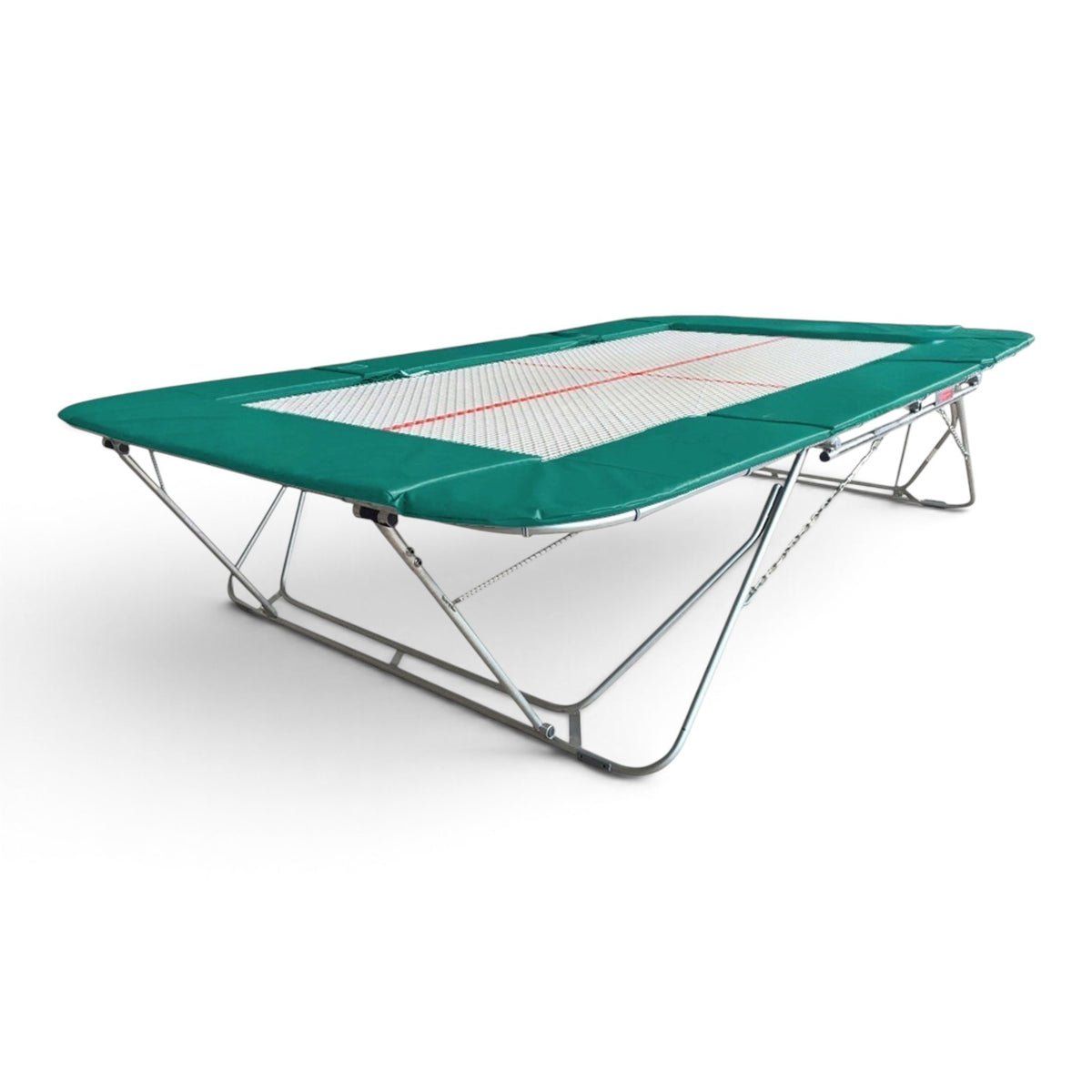 UK Gym Pits 77a standard competition trampoline with a green frame pad and white 25mm web bed on a steel frame.