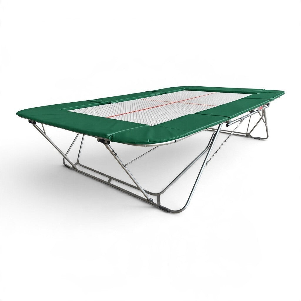 UK Gym Pits 77a standard competition trampoline with a 25mm web bed and green protective frame pads