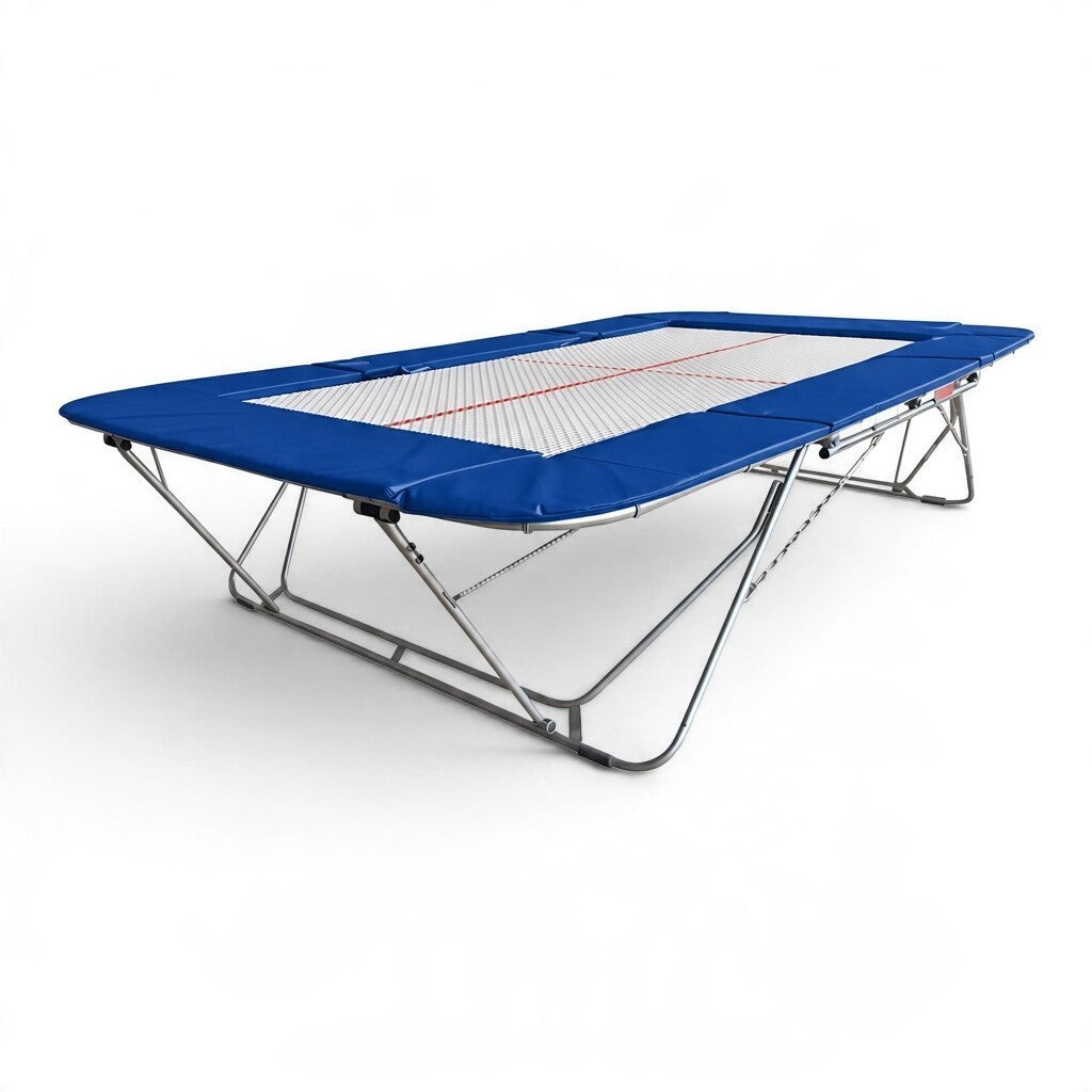 UK Gym Pits 77a standard competition trampoline with a 25mm web bed and blue protective frame pads.