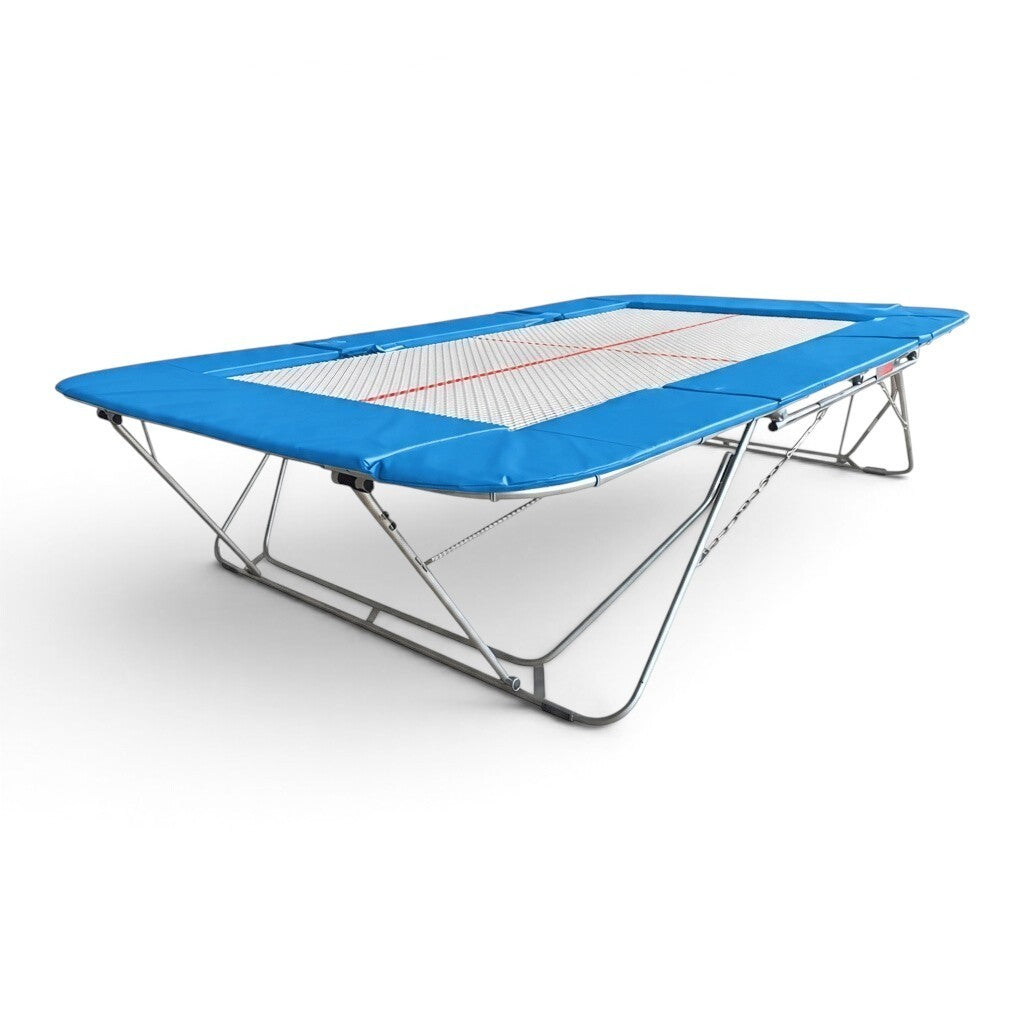 UK Gym Pits 77a standard competition trampoline with a 25mm web bed and blue protective frame pads