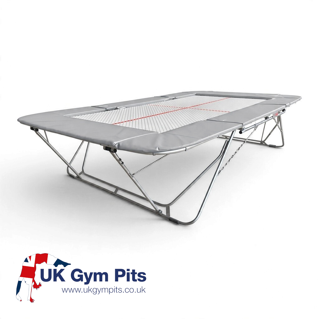 UK Gym Pits 77a standard competition trampoline with a 25mm web bed and grey protective frame pads on a white background