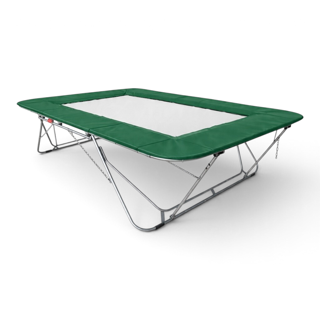UK Gym Pits 77a standard trampoline featuring a white super-mesh bed and green protective frame pads
