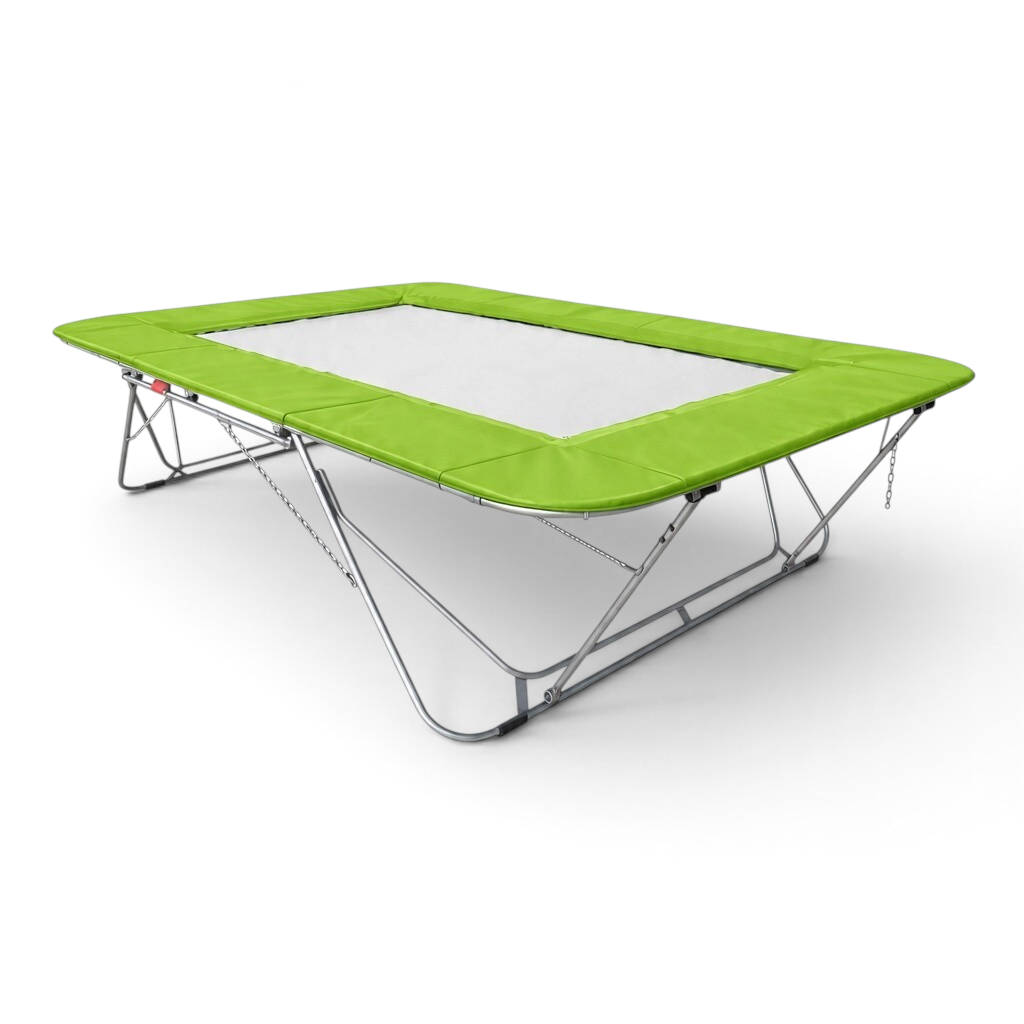 UK Gym Pits 77a standard trampoline with a white super-mesh bed and bright green protective frame pads
