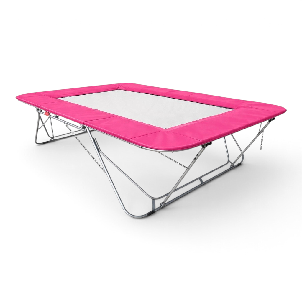 UK Gym Pits 77a standard trampoline with a white super-mesh bed and vibrant pink protective frame pads
