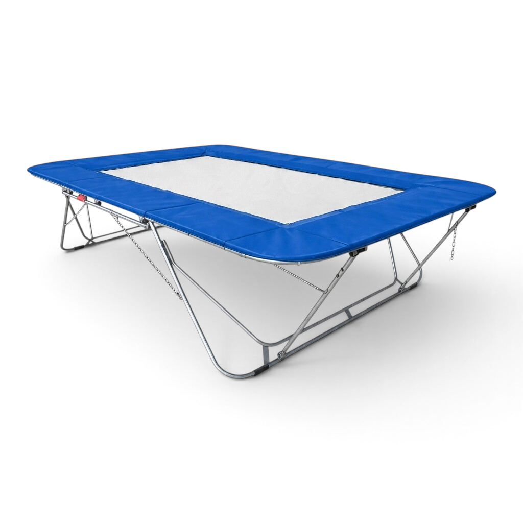 UK Gym Pits 77a standard competition trampoline with a white super-mesh bed and blue protective frame pads.