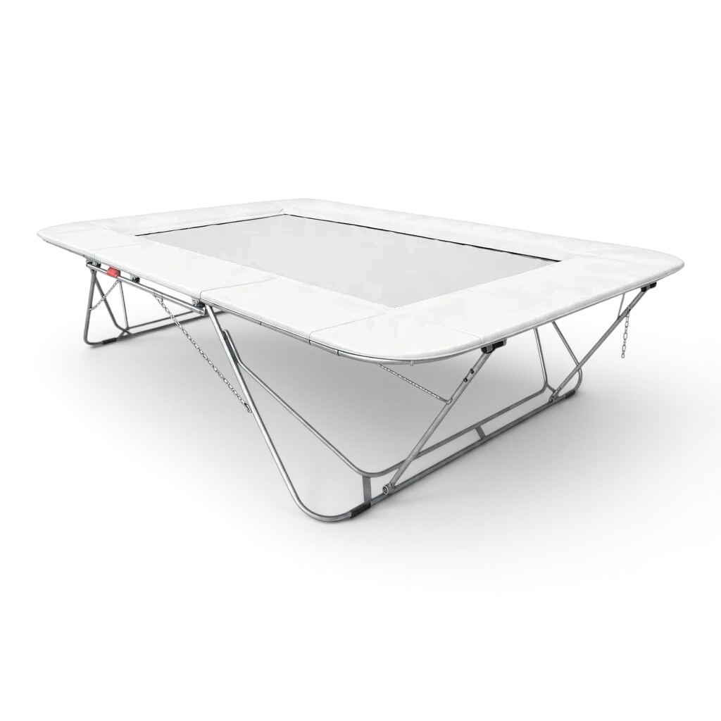 UK Gym Pits 77a standard trampoline with a white super-mesh bed and protective frame pads on a steel frame