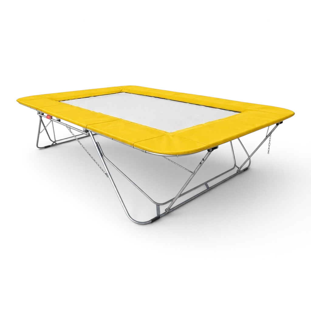UK Gym Pits 77a standard trampoline with a white super-mesh bed and bright yellow protective frame pads