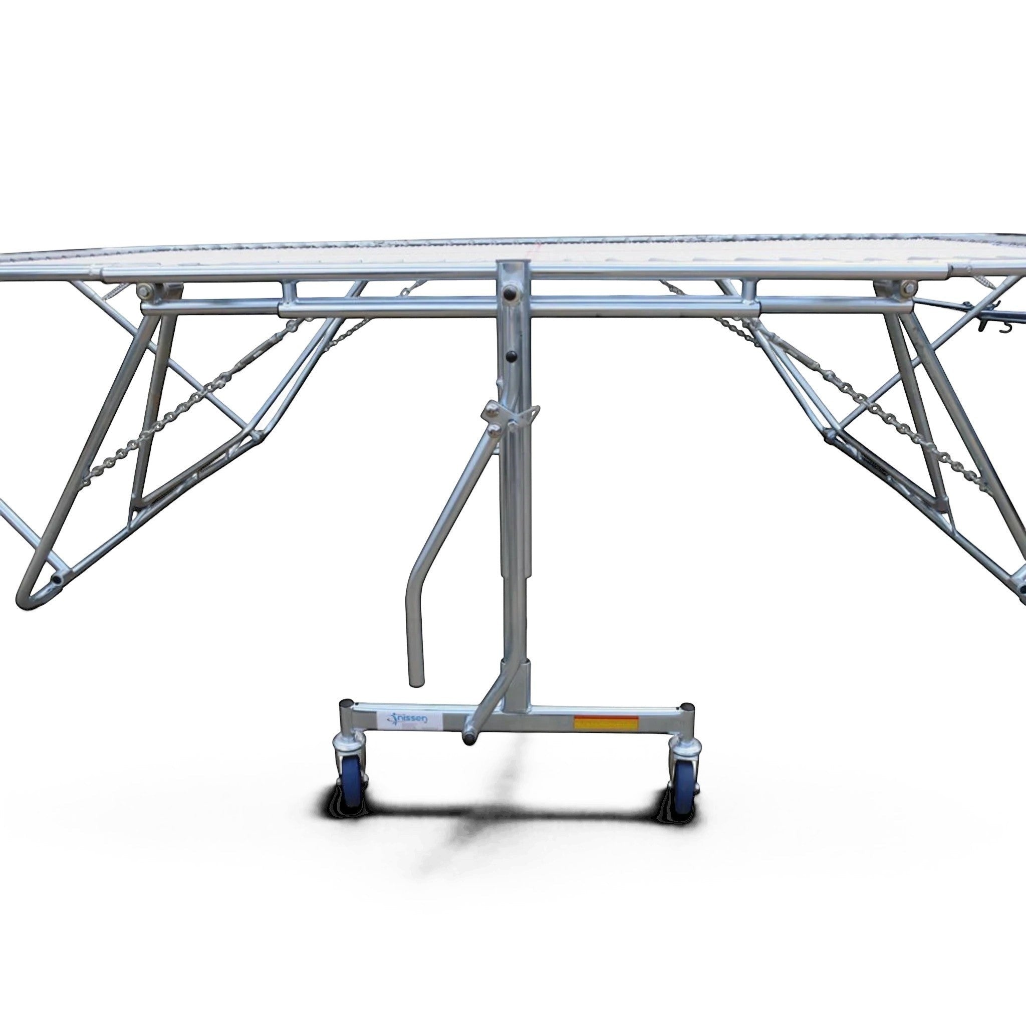 UK Gym Pits 77a standard trampoline with a white super-mesh bed and heavy-duty steel frame on roller stands