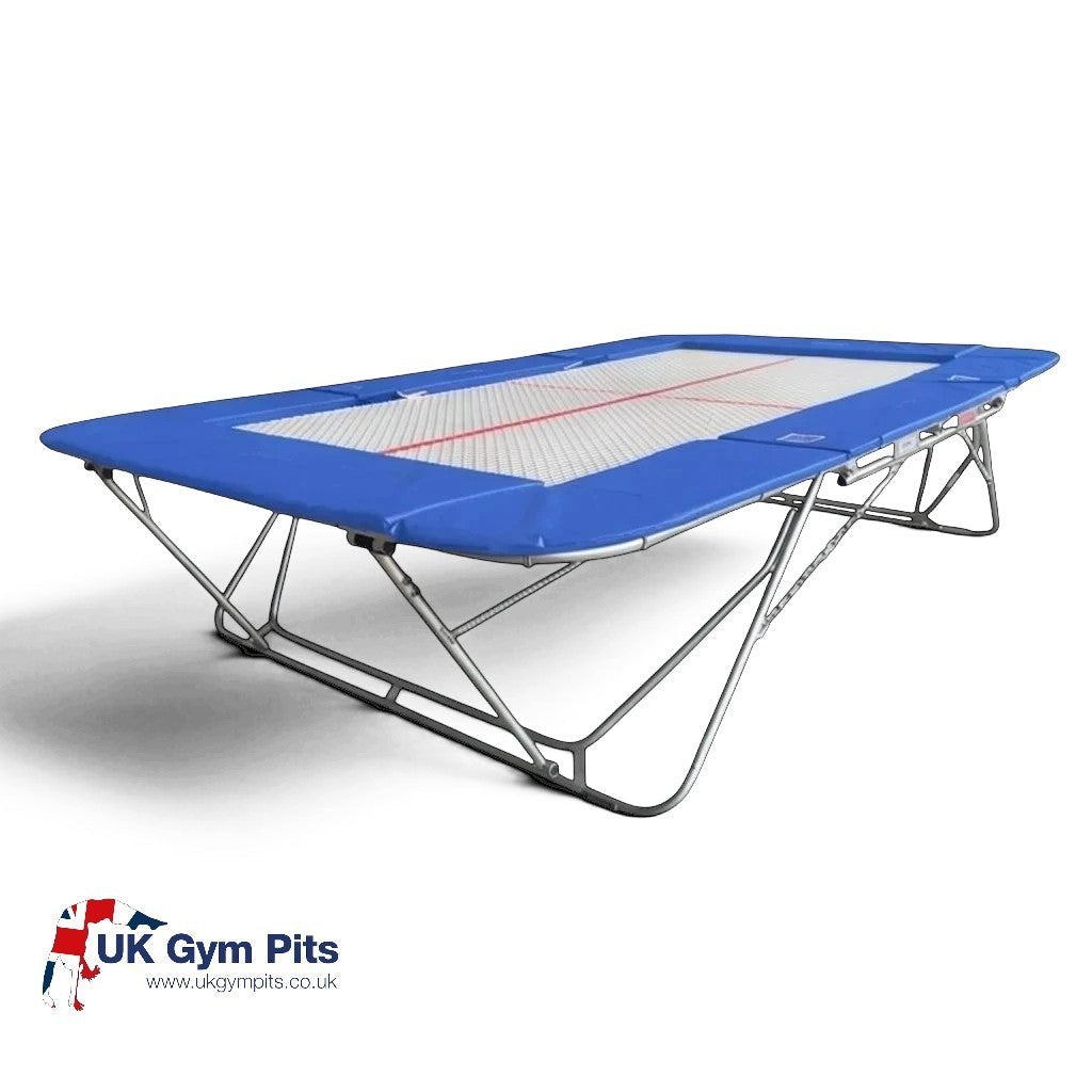 UK Gym Pits 77a standard trampoline with a blue super-mesh bed and protective frame pads on a steel frame