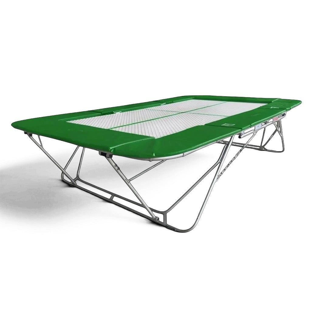 UK Gym Pits 77a standard competition trampoline with a white super-mesh bed and green protective frame pads