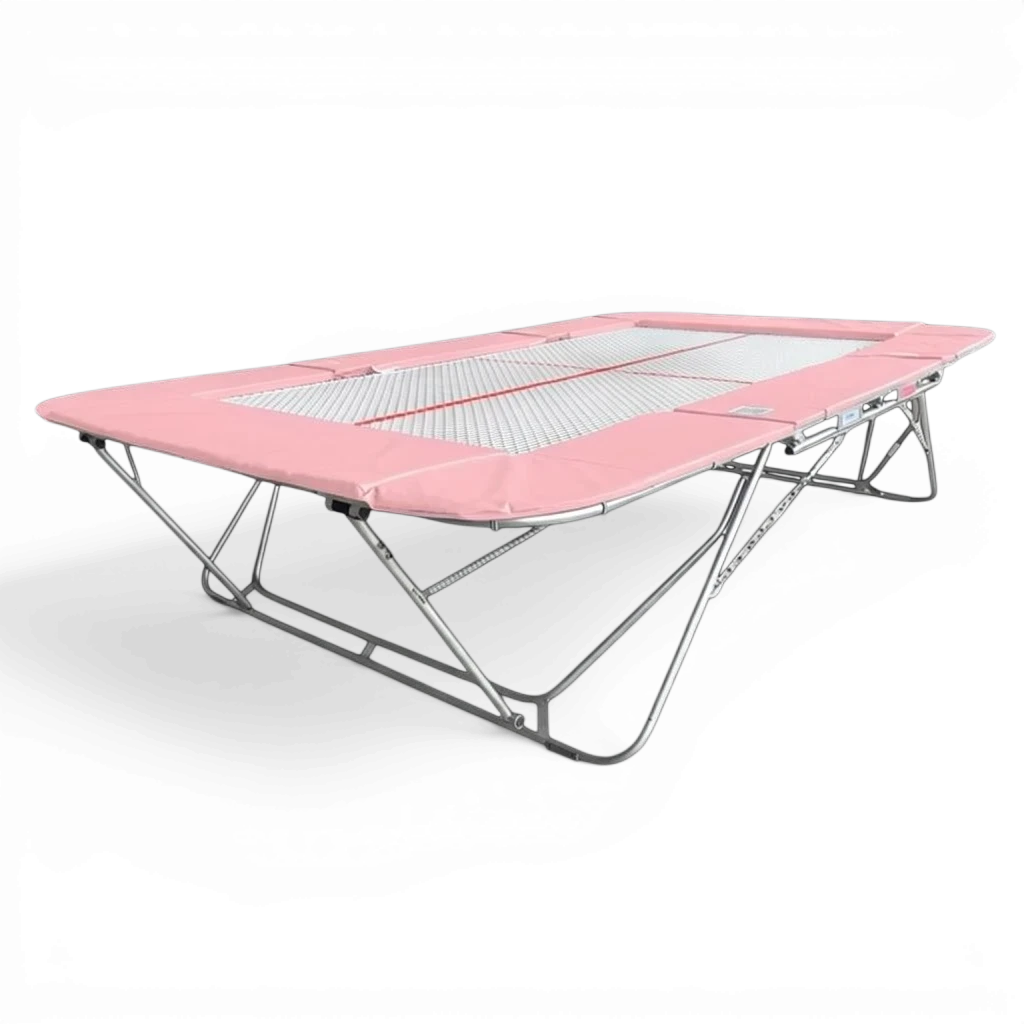 UK Gym Pits 77a standard competition trampoline with a 13mm web bed and pink protective frame pads on a black background