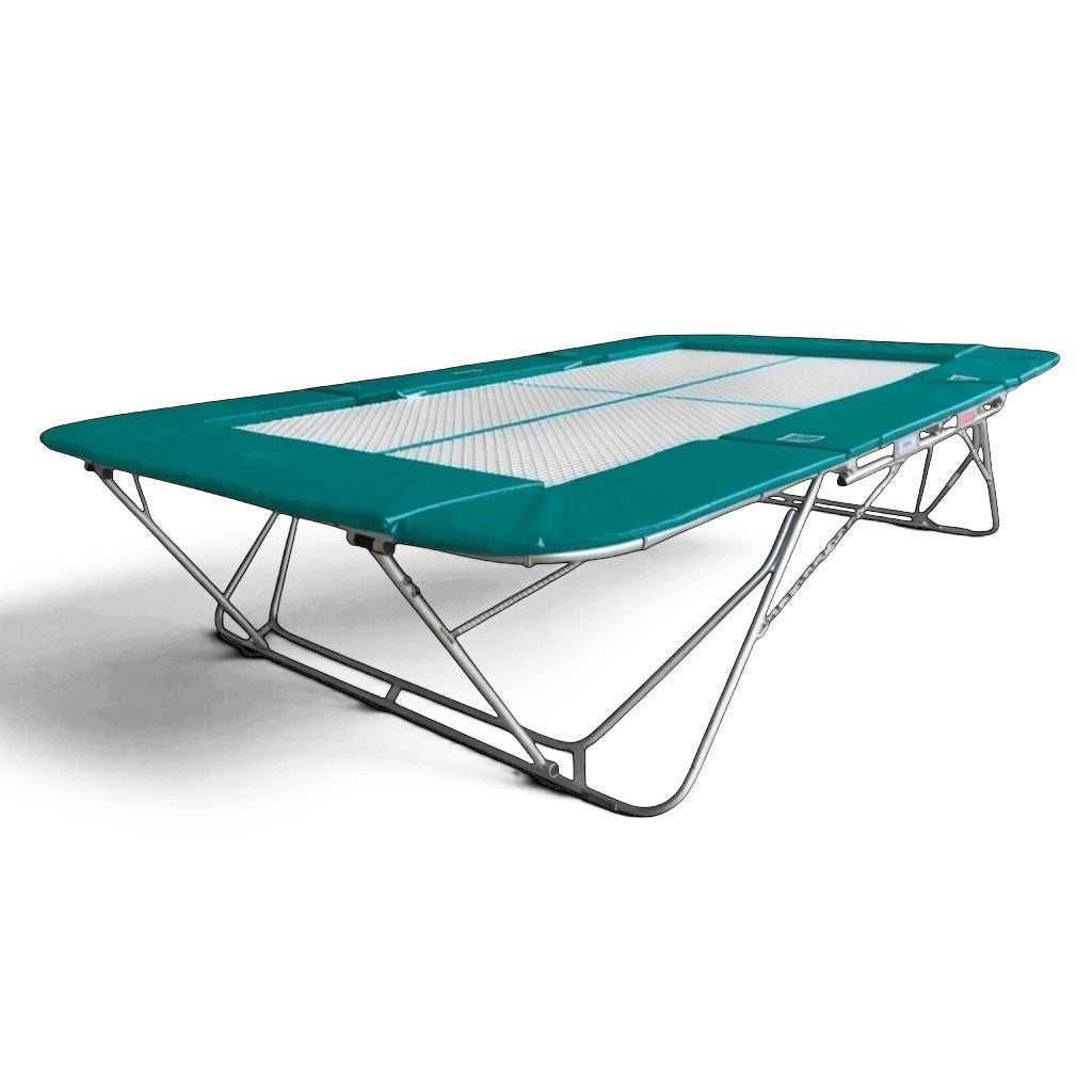 UK Gym Pits 77a standard trampoline with a white super-mesh bed and teal protective frame pads on a metal frame