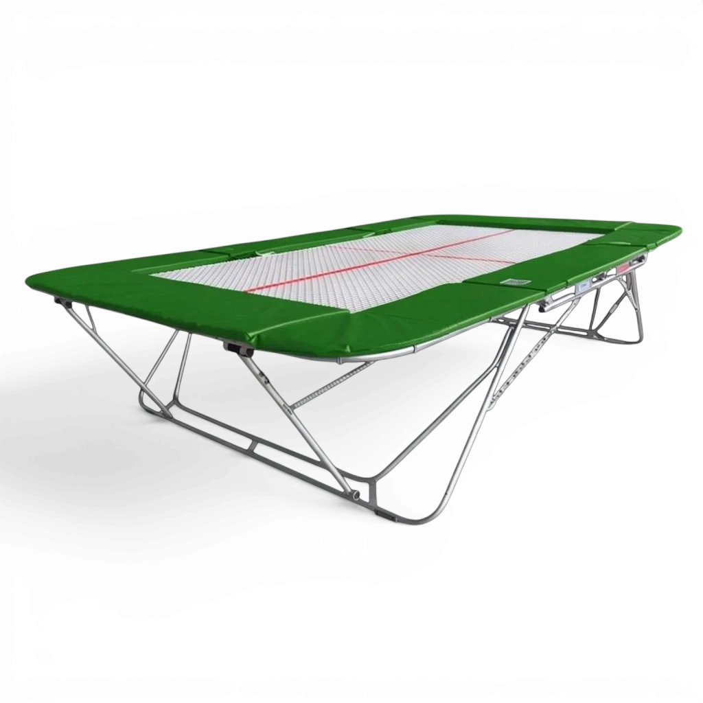 UK Gym Pits 77a standard trampoline with a 13mm web bed and green protective frame pads on a black background.