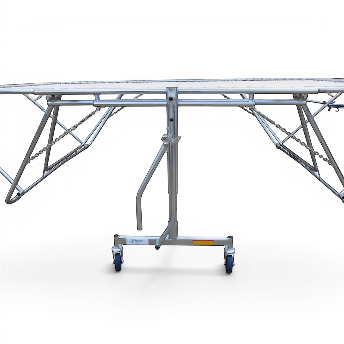 UK Gym Pits 77a standard trampoline with a 25mm web bed and lift/lower roller stand for gym and competition use.