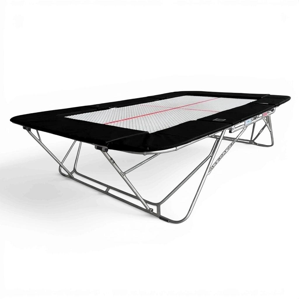 UK Gym Pits 77a standard competition trampoline with white 13mm web bed and black protective frame pads.