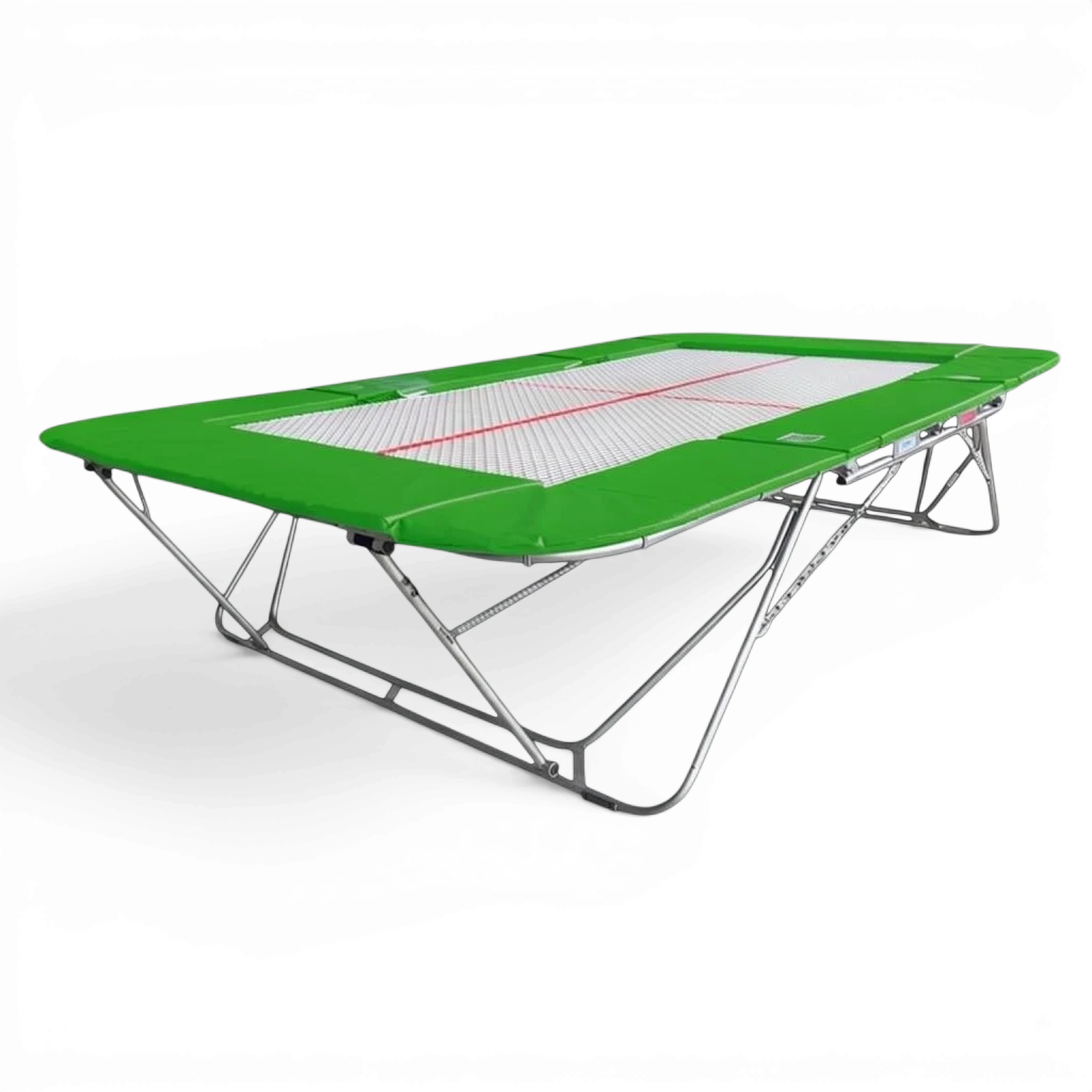 UK Gym Pits 77a standard competition trampoline with a white 13mm web bed and green protective frame pads