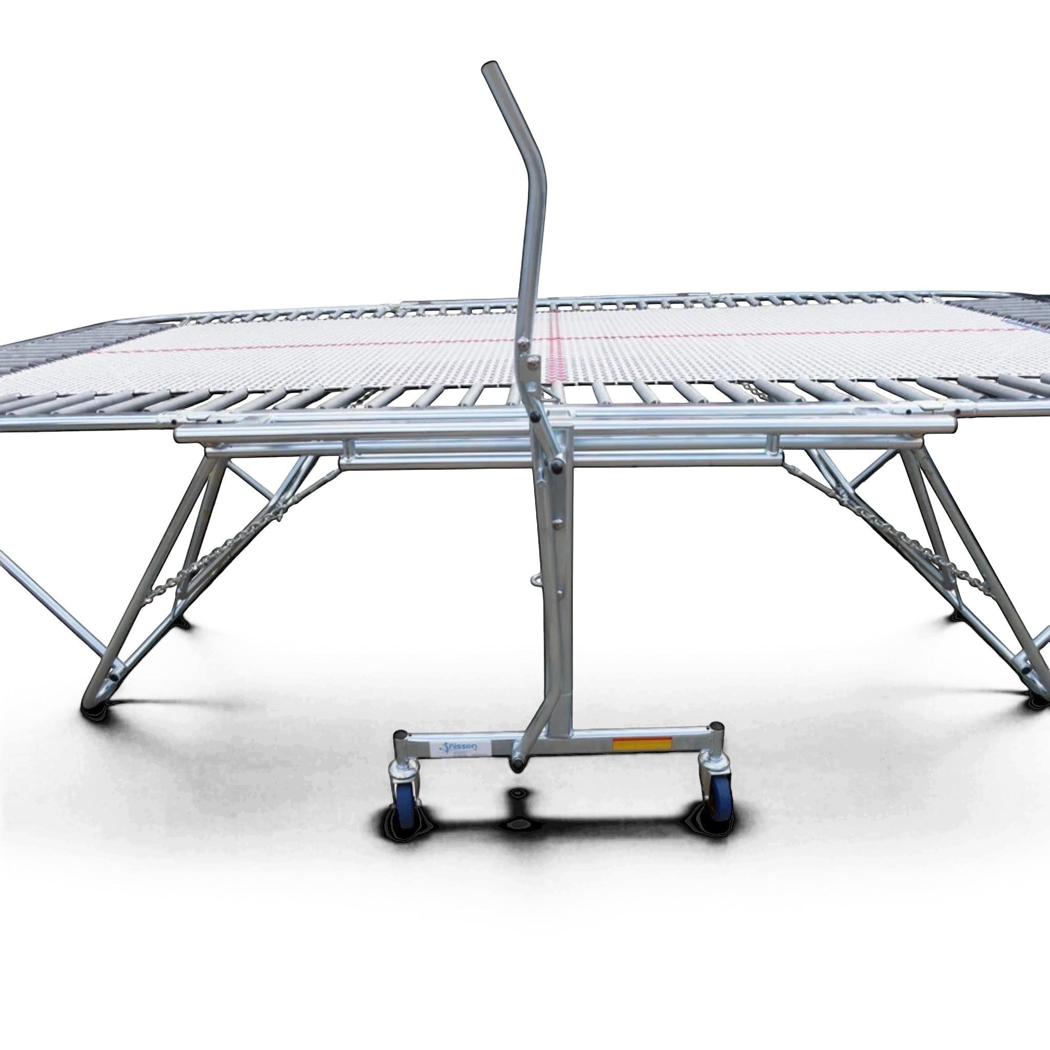 UK Gym Pits 77a standard competition trampoline with super-mesh bed and lift-lower roller stand on black background
