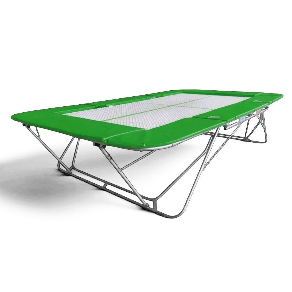 UK Gym Pits 77a standard trampoline with a white super-mesh bed and vibrant green protective frame pads.