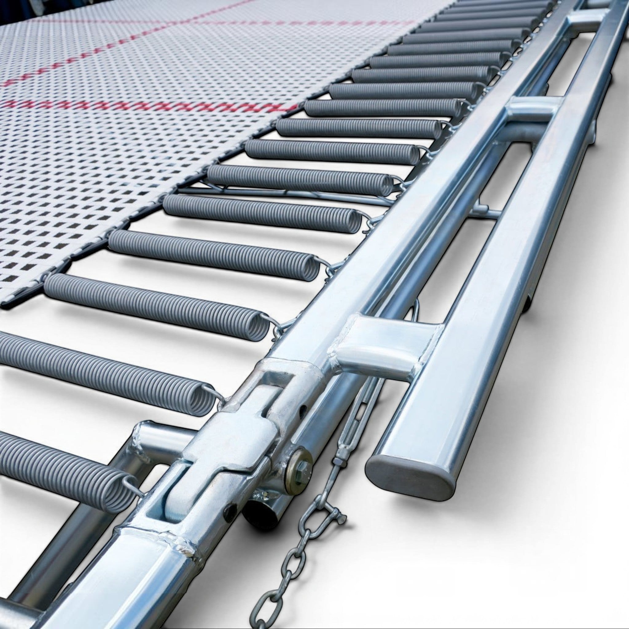 UK Gym Pits 77a standard trampoline featuring a 25mm web bed and high tensile steel springs for professional training.
