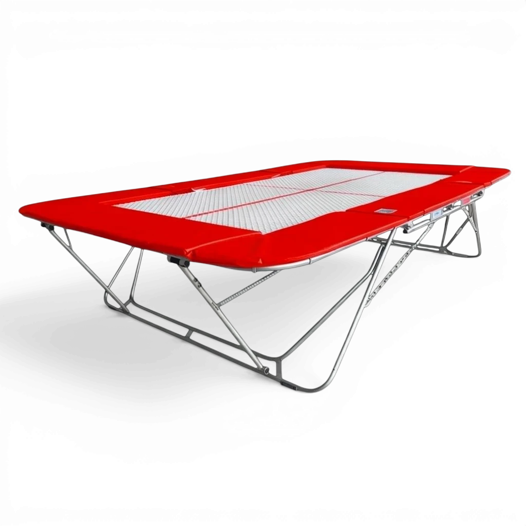 UK Gym Pits 77a standard competition trampoline with a white 13mm web bed and vibrant red protective frame pads.